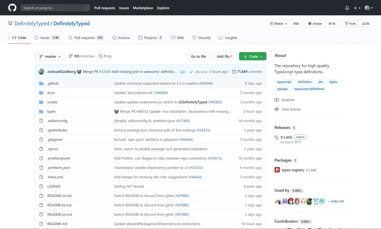 Screen capture of DefinitelyTyped on GitHub